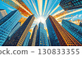 Sun shining through skyscrapers in a low angle view in comic style. 130833355
