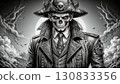 Undead pirate captain wearing tricorn hat and leather jacket in monochromatic fantasy scene. 130833356