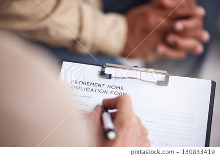 Retirement home, form application and woman hand writing resident information at meeting. Senior clinic contract, documents and health care paperwork for elderly housing and assistant living facility 130833419