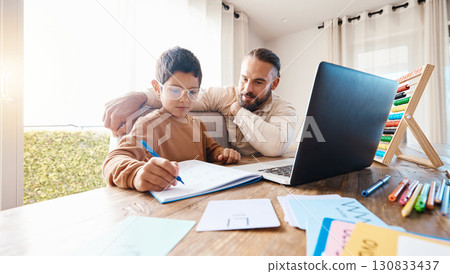 Learning, math education and father with kid in home with book for studying, homework or homeschool. Development, growth and boy with man teaching him how to count, numbers and elearning with laptop. Learning, math education and father with kid in home with book for studying, homework or homeschool. Development, growth and boy with man teaching him how to count, numbers and elearning with laptop. 130833437