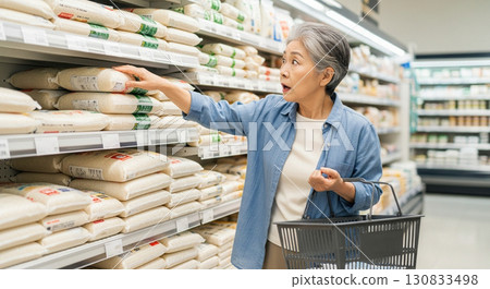 Senior woman surprised by the price of rice 130833498