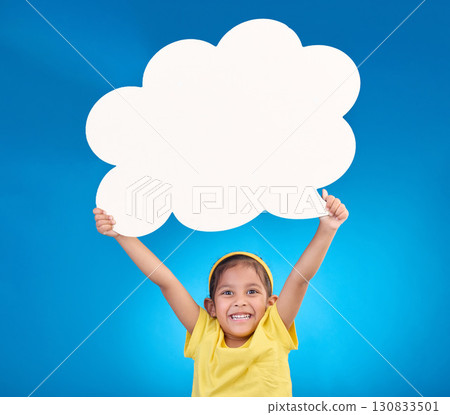 Speech bubble, thinking and portrait of child with idea, opinion and announcement on blue background studio. Talking, speaking mockup and excited, happy and young girl with smile, poster and banner Speech bubble, thinking and portrait of child with idea, opinion and announcement on blue background studio. Talking, speaking mockup and excited, happy and young girl with smile, poster and banner 130833501