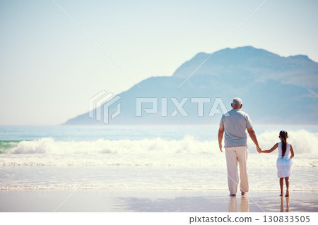 Holding hands, relax and grandfather with child at beach for holiday, bonding and vacation mockup. Affectionate, travel and happiness with old man and girl walking for summer break, fun and support 130833505