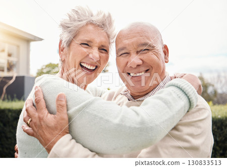 Portrait, love and senior coupe hug, outdoor and happiness for relationship, romance and anniversary. Face, happy mature man and old woman embrace, outside and romantic with smile, loving and bonding 130833513