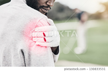 Sports, muscle and golf, black man with shoulder pain during game, massage and relief in health and wellness. Green, hand on injury in support and African golfer with ache at golfing workout on grass Sports, muscle and golf, black man with shoulder pain during game, massage and relief in health and wellness. Green, hand on injury in support and African golfer with ache at golfing workout on grass 130833531