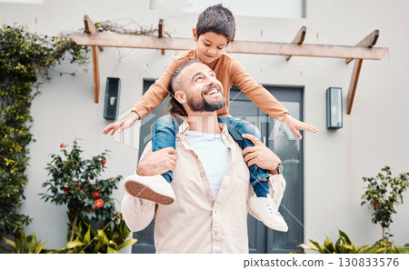 Love, father carry son and outdoor for quality time, garden and happiness for bonding, playful and relax. Family, dad or boy on shoulders, loving and care outside, break or carefree together or smile 130833576