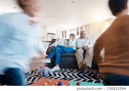 Adhd, children and family with headache, stress and anxiety for autism management, energy fatigue and childcare problem. Frustrated and tired senior grandparents, chaos and hyper or fast kids running Adhd, children and family with headache, stress and anxiety for autism management, energy fatigue and childcare problem. Frustrated and tired senior grandparents, chaos and hyper or fast kids running 130833584