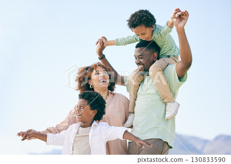 Family, parents and children, travel and vacation at beach, love and care, fun and freedom outdoor. Support, unity and happiness, mother and father with kids and happy people on holiday in Australia Family, parents and children, travel and vacation at beach, love and care, fun and freedom outdoor. Support, unity and happiness, mother and father with kids and happy people on holiday in Australia 130833590