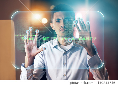 Futuristic, hologram and touch screen, man in future technology and digital overlay on data in virtual reality. Hands on biometric cyber security business, innovation and ux design user in vr office. Futuristic, hologram and touch screen, man in future technology and digital overlay on data in virtual reality. Hands on biometric cyber security business, innovation and ux design user in vr office. 130833716