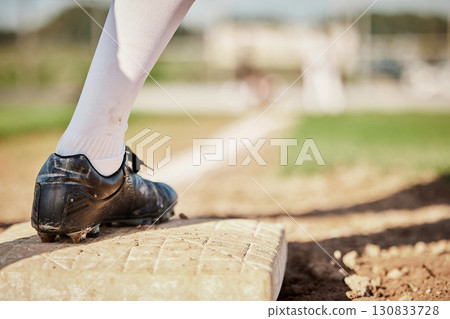 Sports, baseball and plate with shoe of man on field for training, fitness or home run practice. Workout, games and pitching with athlete playing at park stadium event for tournament, match or action 130833728