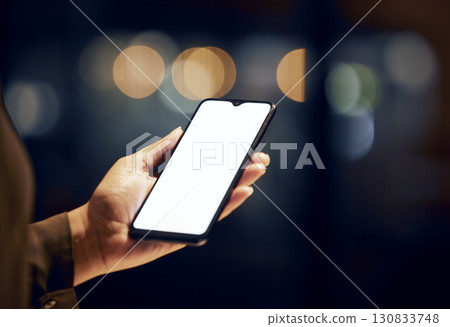 Phone screen, night and person hands for mobile app mockup, website product placement or global networking. Woman hand holding smartphone or cellphone for Web 3.0 mock up space or chat application ux 130833748