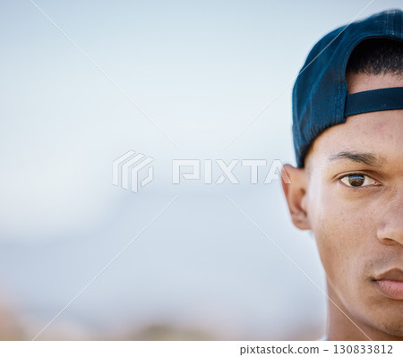 Portrait, half and mockup with a sports black man looking serious outdoor for fitness, exercise or training. Face, focus and mindset with a male athlete standing on blank mock up space outside 130833812