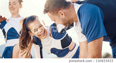 Cheerleader, funny or people in cheerleading team talking, bonding or laughing while relaxing on field. Community, sports friends or group of happy cheerleaders with support or solidarity together Cheerleader, funny or people in cheerleading team talking, bonding or laughing while relaxing on field. Community, sports friends or group of happy cheerleaders with support or solidarity together 130833815
