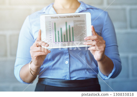 Social media chart, screen and hands with tablet for information, marketing and infographic results. Technology, networking and woman with digital tech for review, internet blogging and management Social media chart, screen and hands with tablet for information, marketing and infographic results. Technology, networking and woman with digital tech for review, internet blogging and management 130833818