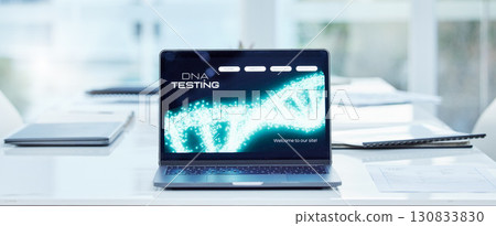 Dna testing, laptop and presentation slideshow with no people in a office conference room. Medical strategy, digital science and doctor seminar in a hospital and clinic for a meeting and workshop 130833830