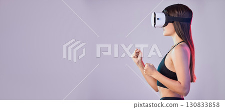 Vr, fitness metaverse and woman in studio isolated on a purple background mockup. 3d gamer, virtual reality and female athlete with futuristic headset for gaming, fighting and fantasy simulation. 130833858