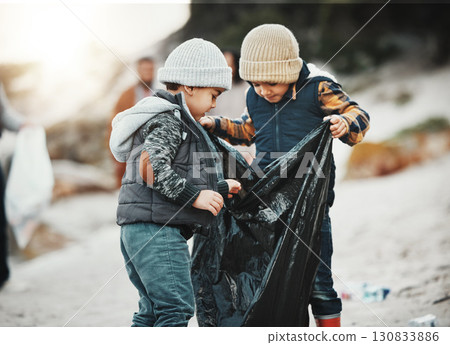 Recycling, environment and children with plastic bags, beach and sustainability for climate change project. Friends, kids and volunteers reduce waste, child development and teamwork for pollution 130833886