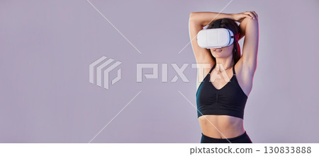 Vr, fitness and woman stretching arm in metaverse studio isolated on purple background mockup. 3d exercise, virtual reality or female warm up, workout or training with futuristic tech for esports. Vr, fitness and woman stretching arm in metaverse studio isolated on purple background mockup. 3d exercise, virtual reality or female warm up, workout or training with futuristic tech for esports. 130833888