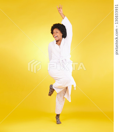 Portrait, excited and black woman with pajamas, happiness and girl on studio background. Face, African American female and happy lady with smile, morning joy and glory with energy, silly and goofy Portrait, excited and black woman with pajamas, happiness and girl on studio background. Face, African American female and happy lady with smile, morning joy and glory with energy, silly and goofy 130833931