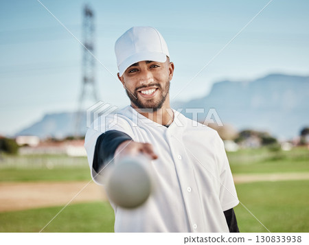 Man, bat or baseball player portrait on field, sports grass or arena grounds for game, match or competition workout. Smile, happy or softball athlete in fitness, pitcher exercise or training stadium Man, bat or baseball player portrait on field, sports grass or arena grounds for game, match or competition workout. Smile, happy or softball athlete in fitness, pitcher exercise or training stadium 130833938