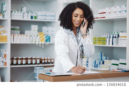 Phone call, counter and pharmacist woman for medicine note, customer service or virtual healthcare support. Happy, friendly doctor, medical retail person in pharmacy talking on cellphone at help desk Phone call, counter and pharmacist woman for medicine note, customer service or virtual healthcare support. Happy, friendly doctor, medical retail person in pharmacy talking on cellphone at help desk 130834018