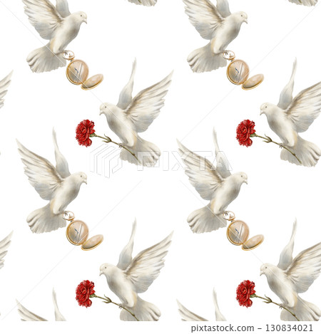 White pigeon soaring in air with red carnation,dove spread its wings as a symbol of the revolution's peaceful nature.Hand drawn watercolor illustration isolated on white for wedding or social designs White pigeon soaring in air with red carnation,dove spread its wings as a symbol of the revolution's peaceful nature.Hand drawn watercolor illustration isolated on white for wedding or social designs 130834021