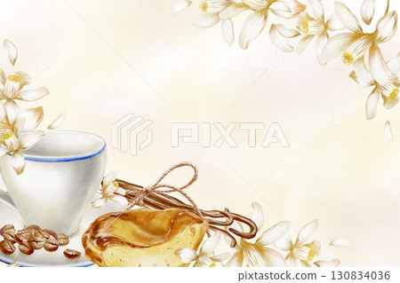 Portuguese traditional breakfast,corner frame-cup,coffee beans with halved pastel de nata tart with textured creamy custard,lemon flowers,pods of vanilla spice tied with rope.Watercolor template Portuguese traditional breakfast,corner frame-cup,coffee beans with halved pastel de nata tart with textured creamy custard,lemon flowers,pods of vanilla spice tied with rope.Watercolor template 130834036