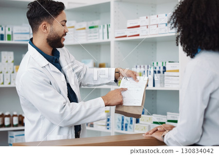 Medication, prescription and explaining with a pharmacist man talking to a woman customer for healthcare. Medicine, consulting and insurance with a male health professional working in a pharmacy Medication, prescription and explaining with a pharmacist man talking to a woman customer for healthcare. Medicine, consulting and insurance with a male health professional working in a pharmacy 130834042