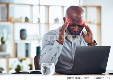 Business, headache and black man with laptop, stress and burnout with red highlight, overworked and tired. African American male employee, leader or manager with device, migraine or anxiety with pain 130834044