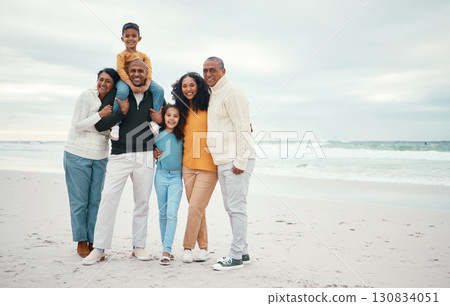 Portrait, mockup and family on beach, holiday and relax together for quality time, smile and break. Love, grandparents, children and mother with father, vacation and happiness for seaside journey 130834051