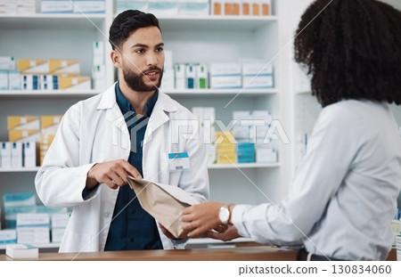 Medicine, prescription and explaining with a pharmacist man talking to a woman customer for healthcare. Medication, consulting and insurance with a male health professional working in a pharmacy 130834060