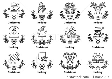 set of illustrations in the concept of Christmas and holidays in a line style 130834093