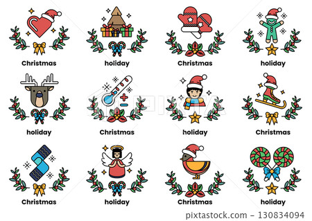 set of illustrations in the concept of Christmas and holidays in a line style 130834094