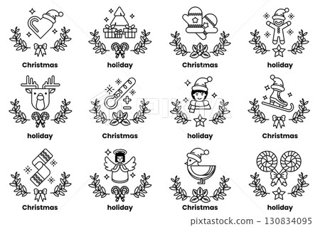 set of illustrations in the concept of Christmas and holidays in a line style 130834095