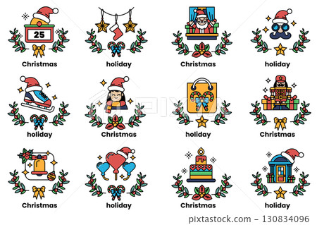 set of illustrations in the concept of Christmas and holidays in a line style 130834096