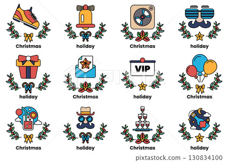 set of illustrations in the concept of Christmas and holidays in a line style set of illustrations in the concept of Christmas and holidays in a line style 130834100