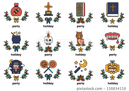 set of illustrations in the concept of Halloween and holidays in a line style 130834110