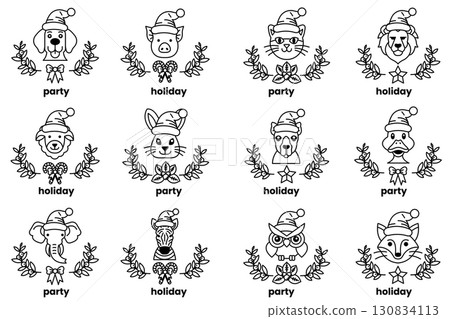 set of illustrations in the concept of Christmas animals and holidays in line art style 130834113