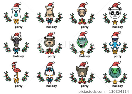set of illustrations in the concept of Christmas animals and holidays in line art style set of illustrations in the concept of Christmas animals and holidays in line art style 130834114