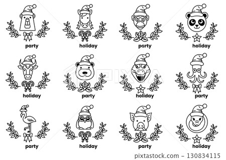 set of illustrations in the concept of Christmas animals and holidays in line art style 130834115