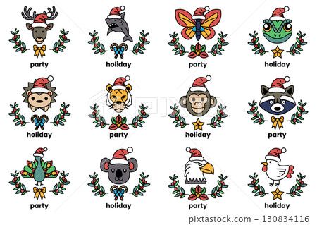 set of illustrations in the concept of Christmas animals and holidays in line art style set of illustrations in the concept of Christmas animals and holidays in line art style 130834116