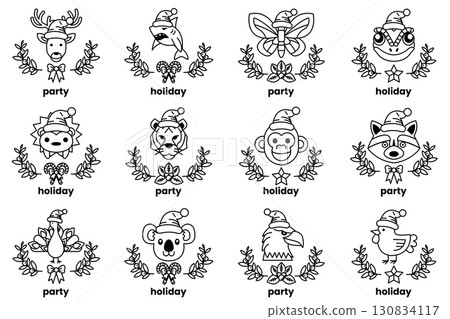 set of illustrations in the concept of Christmas animals and holidays in line art style 130834117