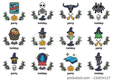 set of illustrations in the concept of Halloween and holidays in a line style 130834127