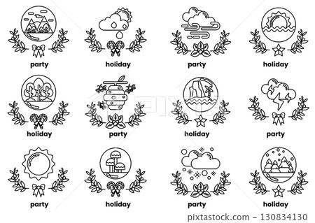 Set of illustrations in the concept of holiday objects in line art style 130834130