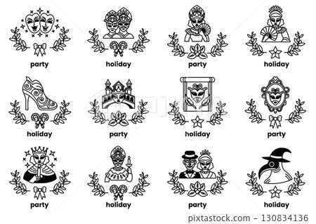 Set of illustrations in the concept of holiday objects in line art style 130834136