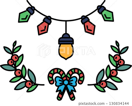 A Christmas wreath with lights and a candy cane 130834144