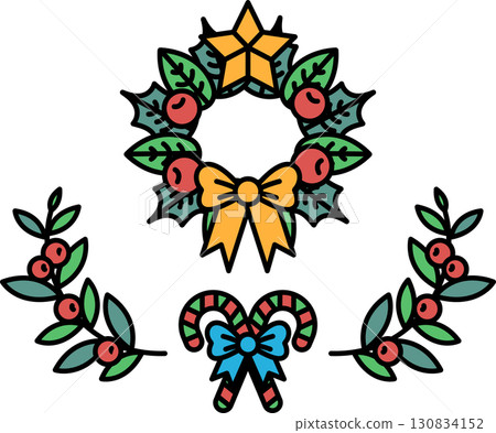 A wreath with a bow and a candy cane is shown A wreath with a bow and a candy cane is shown 130834152