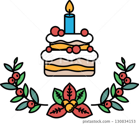 A cake with a candle on top and a leafy border 130834153