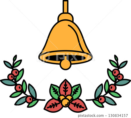 A bell is drawn in the center of a wreath of leaves 130834157
