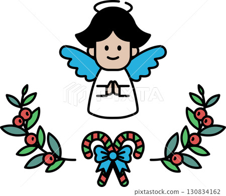 A cartoonish angel is surrounded by a wreath of leaves and a candy cane 130834162
